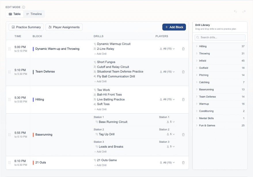 Youth baseball practice planning software interface showing drag-and-drop drill scheduling
