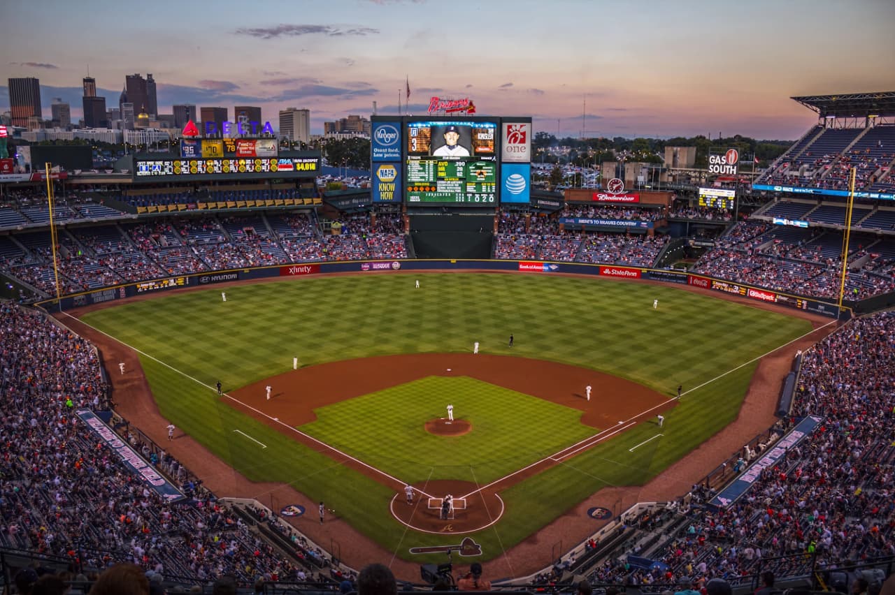 Overhead view of a baseball field showing fielding positions and base paths