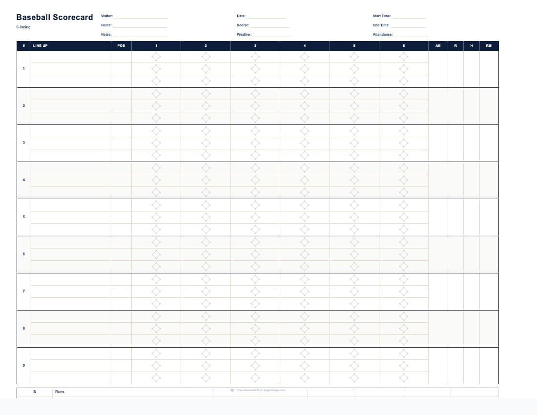 Free printable baseball scorecard template showing batting order, innings grid, and scoring diamonds