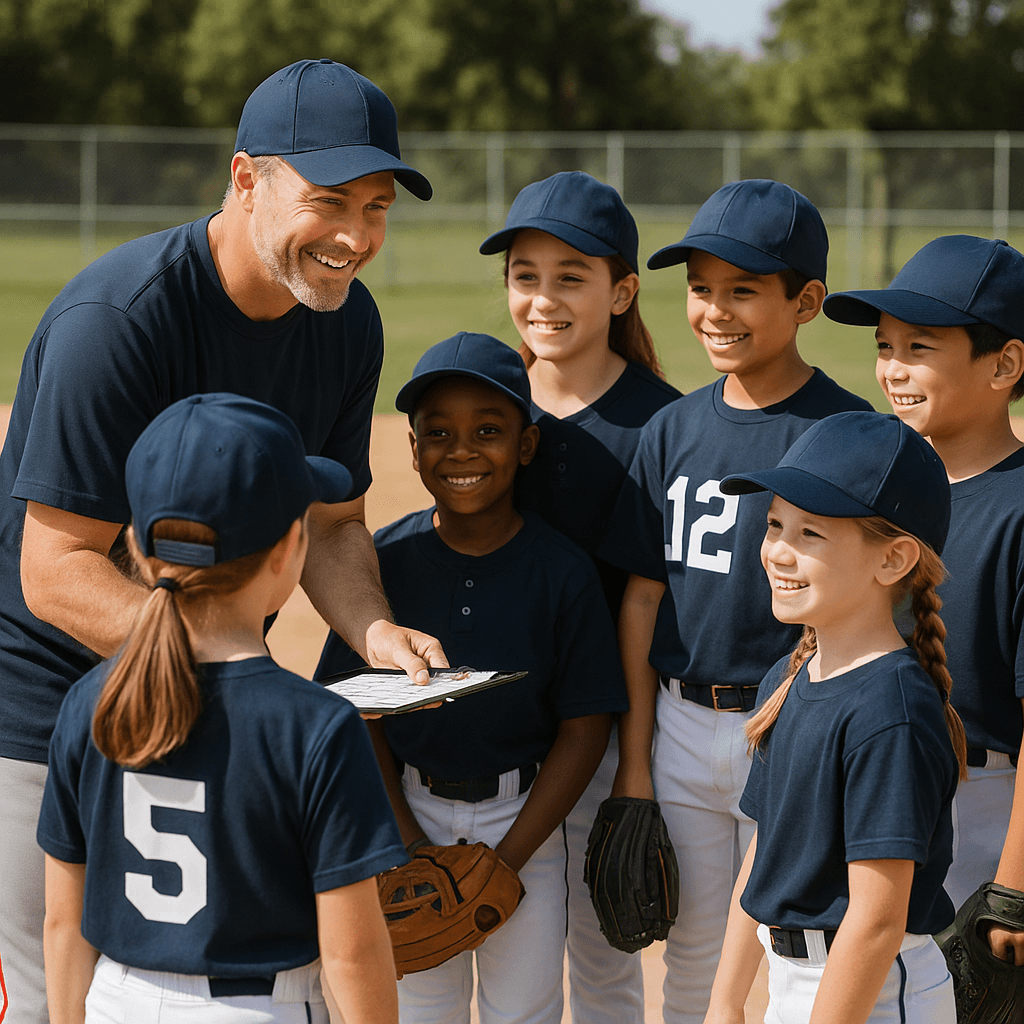 Youth baseball coach reviewing batting lineup with team before a rec league game
