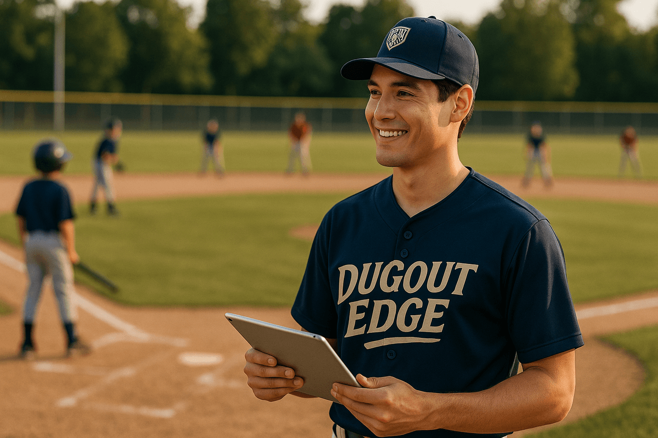 Youth baseball coach reviewing batting order with clipboard before a game