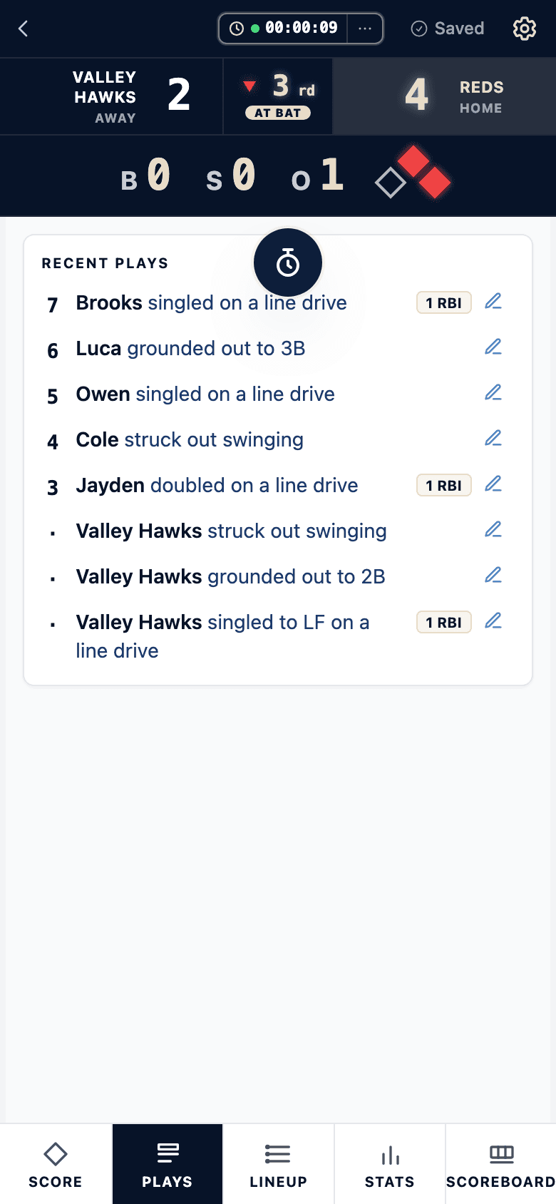 The plays log on a phone, showing each at-bat written as a sentence