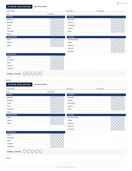 Preview of High School Softball Evaluation printable PDF template