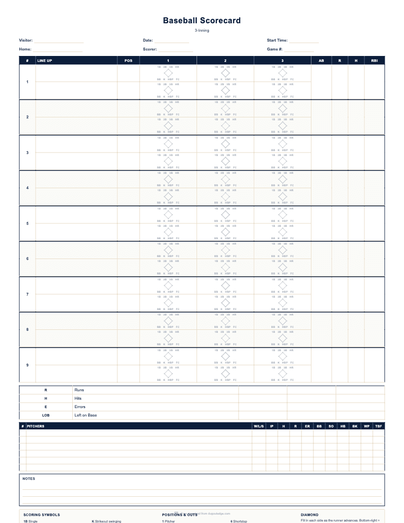 Preview of Baseball Scorecard (3-Inning) printable PDF template