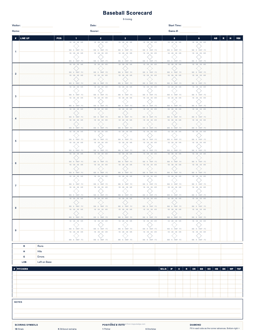 Preview of Baseball Scorecard (6-Inning) printable PDF template