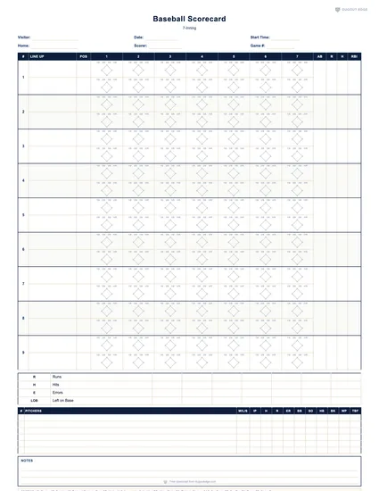 Preview of Baseball Scorecard (7-Inning) printable PDF template