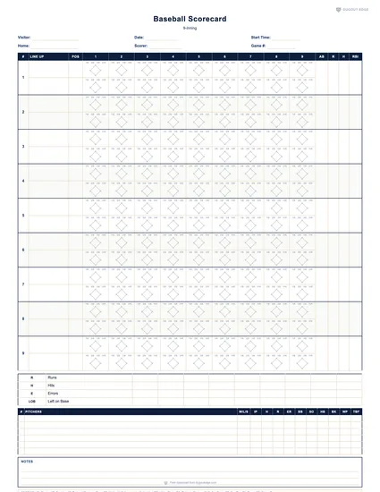 Preview of Baseball Scorecard (9-Inning) printable PDF template