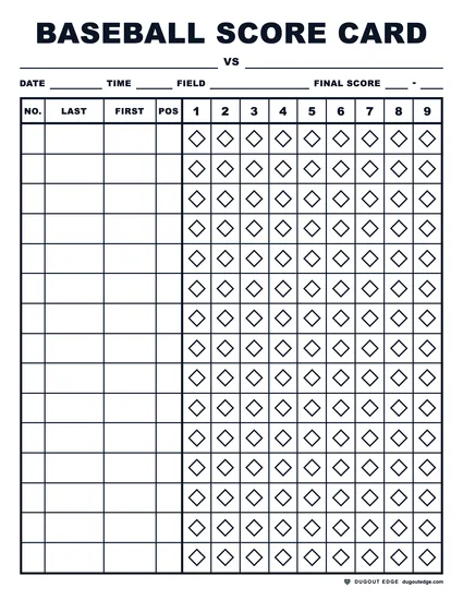 Preview of Bold Baseball Score Card (9-Inning) printable PDF template