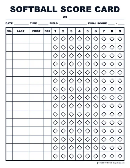 Preview of Bold Softball Score Card (7 Innings + Extras) printable PDF template