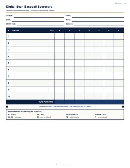 Preview of Digital Scan Baseball Scorecard printable PDF template