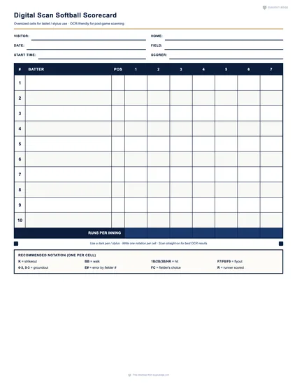 Preview of Digital Scan Softball Scorecard printable PDF template