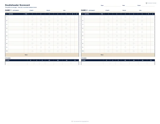 Preview of Doubleheader Scorecard (2 Games, 1 Page) printable PDF template