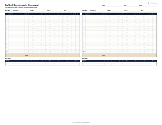 Preview of Softball Doubleheader Scorecard (2 Games, 1 Page) printable PDF template