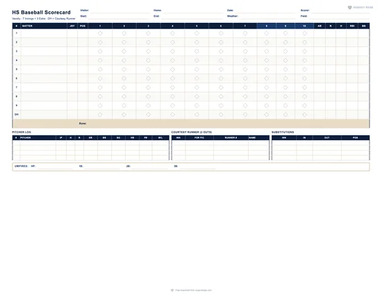 Preview of High School Baseball Scorecard printable PDF template