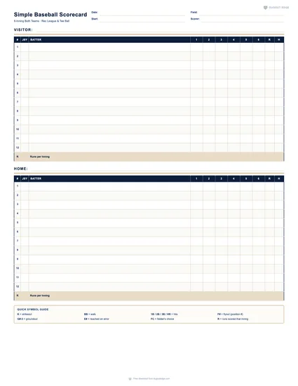 Preview of Simple Baseball Scorecard (6-Inning) printable PDF template