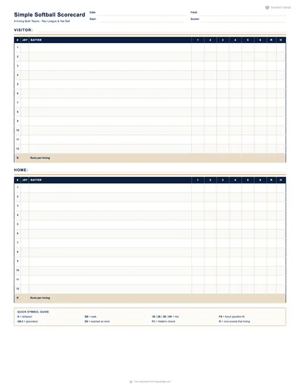 Preview of Simple Softball Scorecard (6-Inning) printable PDF template