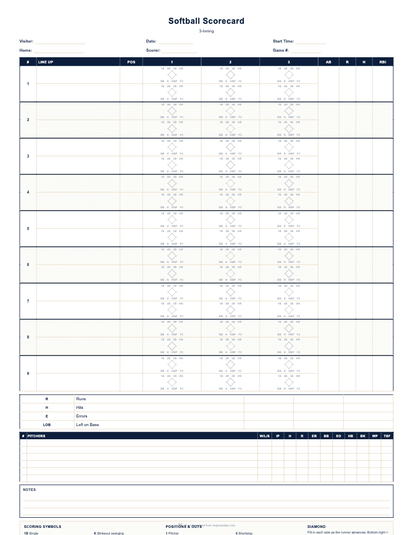 Preview of Softball Scorecard (3-Inning) printable PDF template