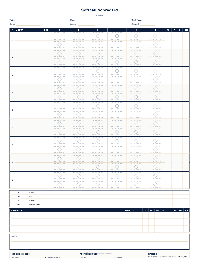 Preview of Softball Scorecard (6-Inning) printable PDF template