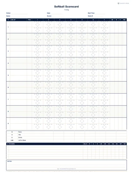 Preview of Softball Scorecard (7-Inning) printable PDF template
