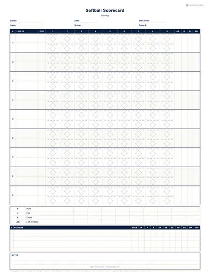 Preview of Softball Scorecard (9-Inning) printable PDF template