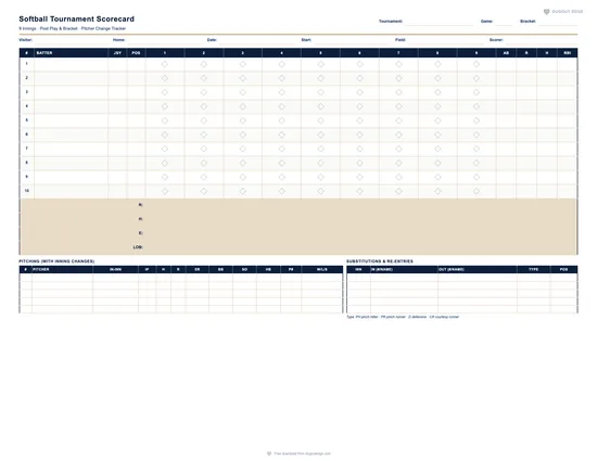 Preview of Softball Tournament Scorecard (9-Inning) printable PDF template