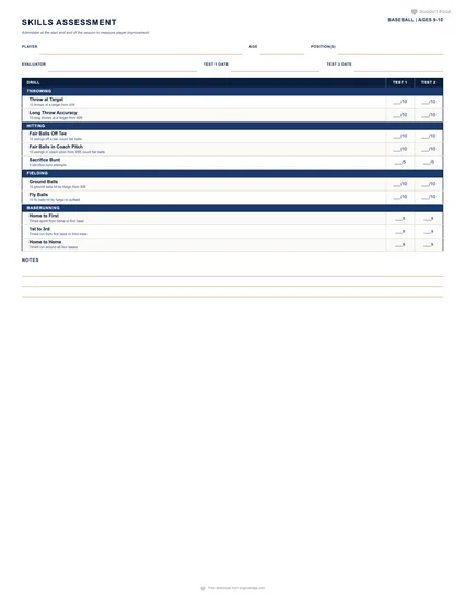 Preview of Baseball Skills Assessment (Ages 9-10) printable PDF template