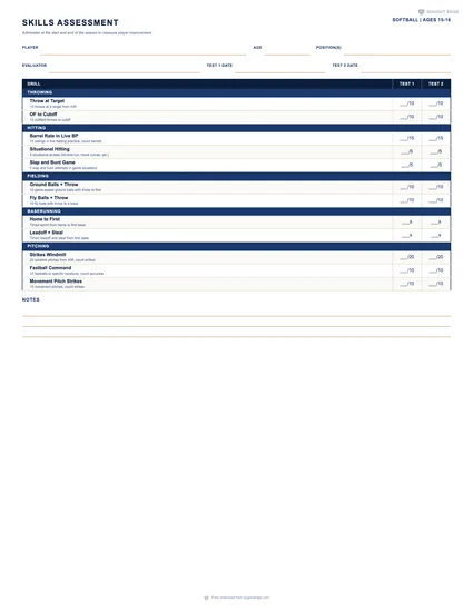 Preview of Softball Skills Assessment (Ages 15-16) printable PDF template