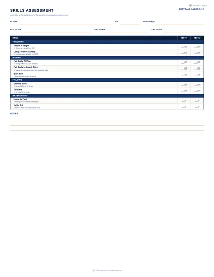 Preview of Softball Skills Assessment (Ages 9-10) printable PDF template