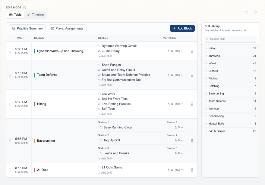 Practice Planner interface showing drag-and-drop builder with timeline