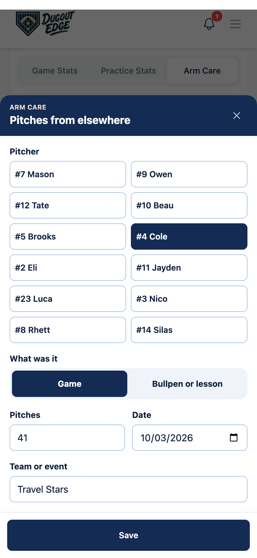 The Pitches from elsewhere sheet with a player picked, Game selected, a pitch count, a date, and Travel Stars as the team