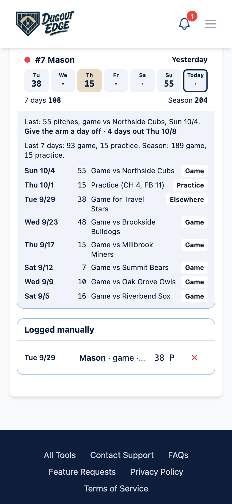 Arm Care on a phone with one pitcher opened to show recent outings tagged Game, Practice, and Elsewhere