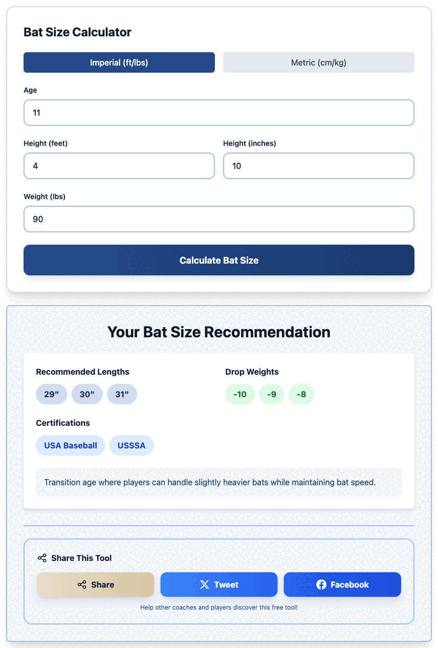Dugout Edge bat size calculator showing recommended length and drop weight