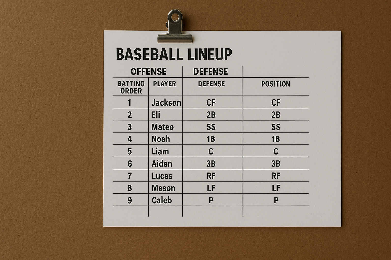 Baseball Lineup Templates 9 positions