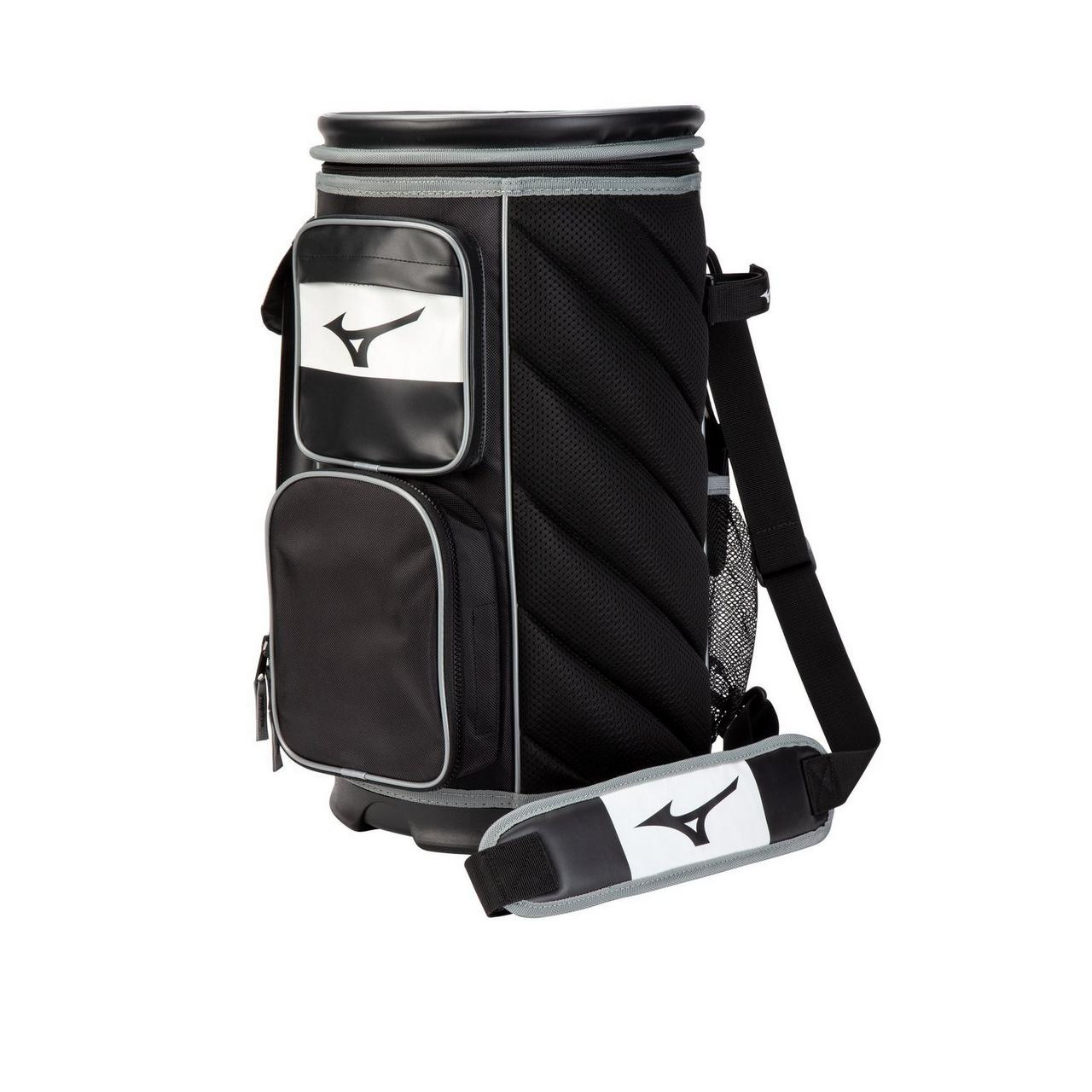 Mizuno Organizer Coaches Bucket X with gravity feed ball dispenser, padded seat top, and shoulder straps for baseball coaches