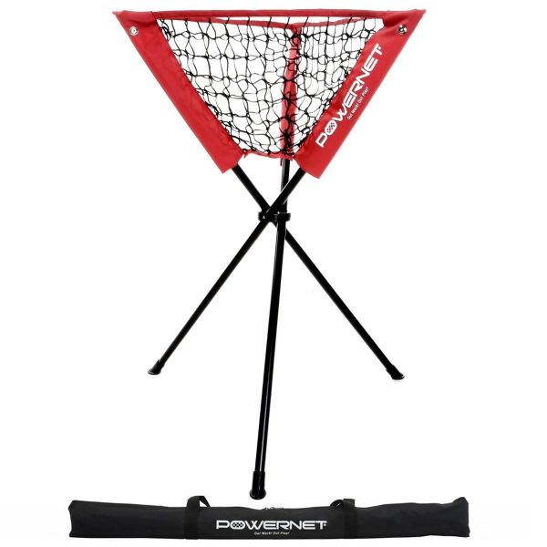 PowerNet tripod ball caddy standing at waist height holding baseballs for batting practice and tee work