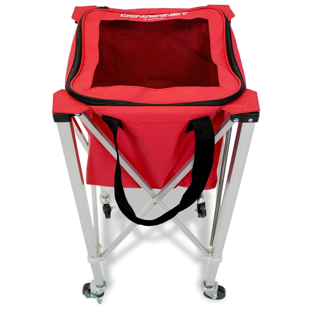 PowerNet wheeled ball caddy cart for baseball and softball with four wheels and large capacity basket for batting practice
