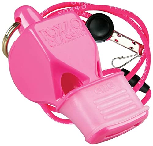 Fox 40 Classic CMG pealess whistle in safety-alert pink with a breakaway lanyard