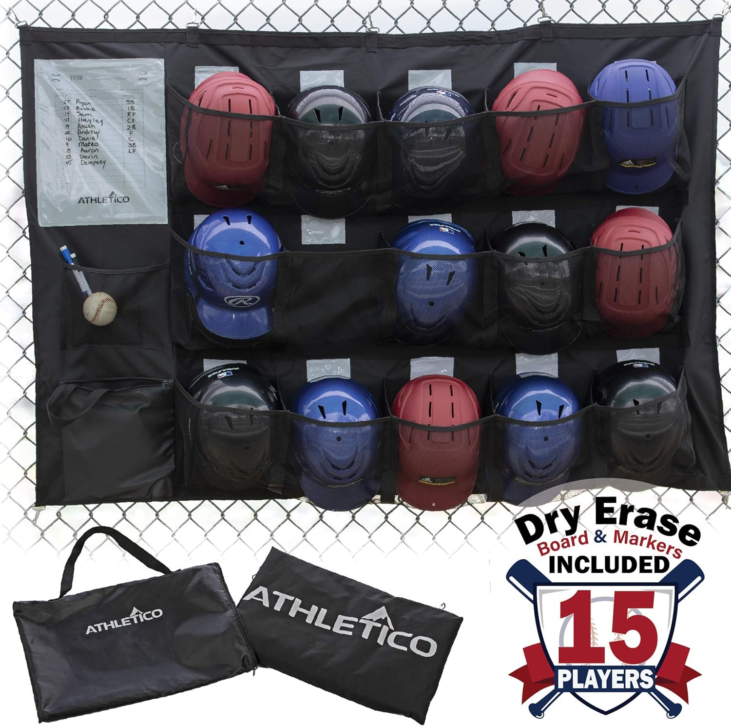 Athletico dugout organizer hanging on chain-link fence with individual player pockets for youth baseball and softball teams