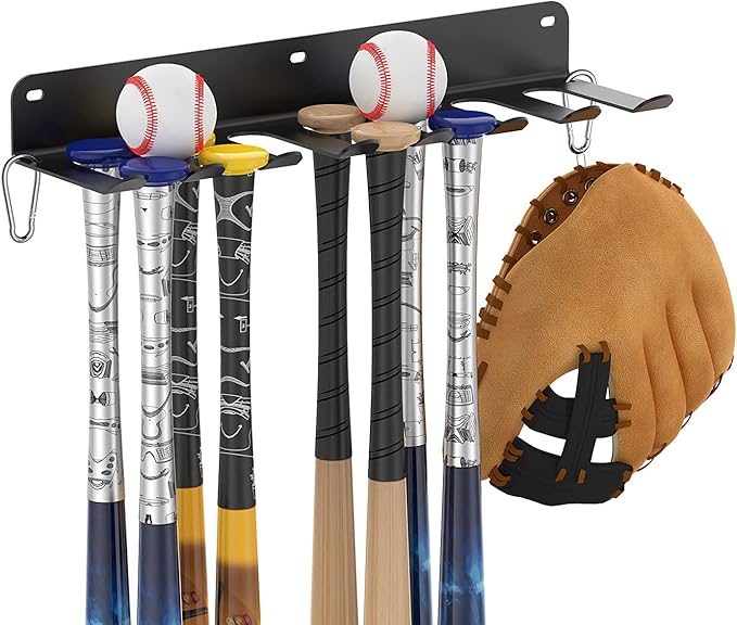 Foldable baseball bat rack holding multiple bats on a chain-link dugout fence for youth baseball and softball