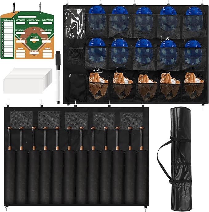 Baseball dugout organizer set with clipboard lineup board and gear storage pockets for youth coaches