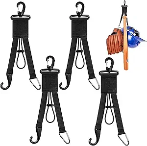 Individual baseball and softball gear hanger clips attached to chain-link fence holding bat helmet and glove per player