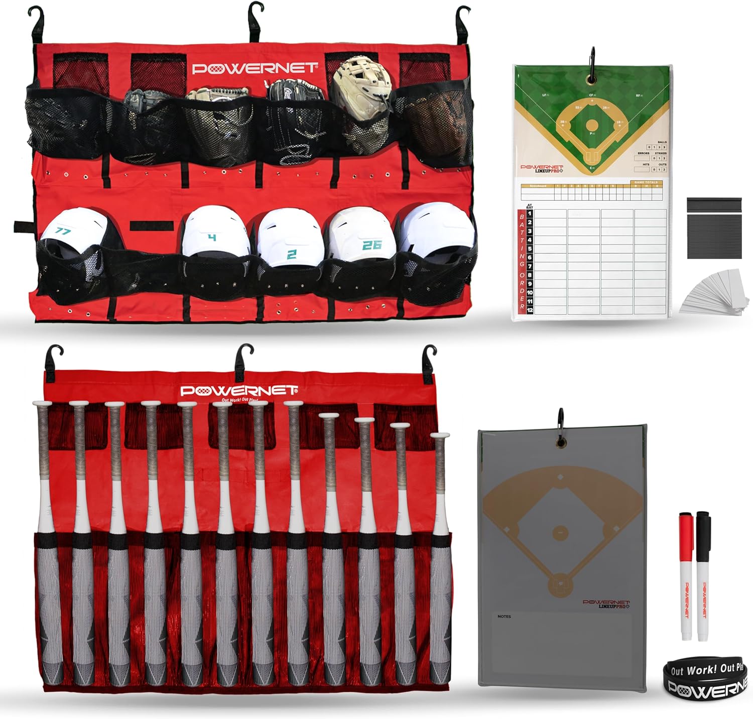 PowerNet Ultimate Coaching Team Bundle with helmet organizer bat rack and lineup board for youth baseball and softball dugouts