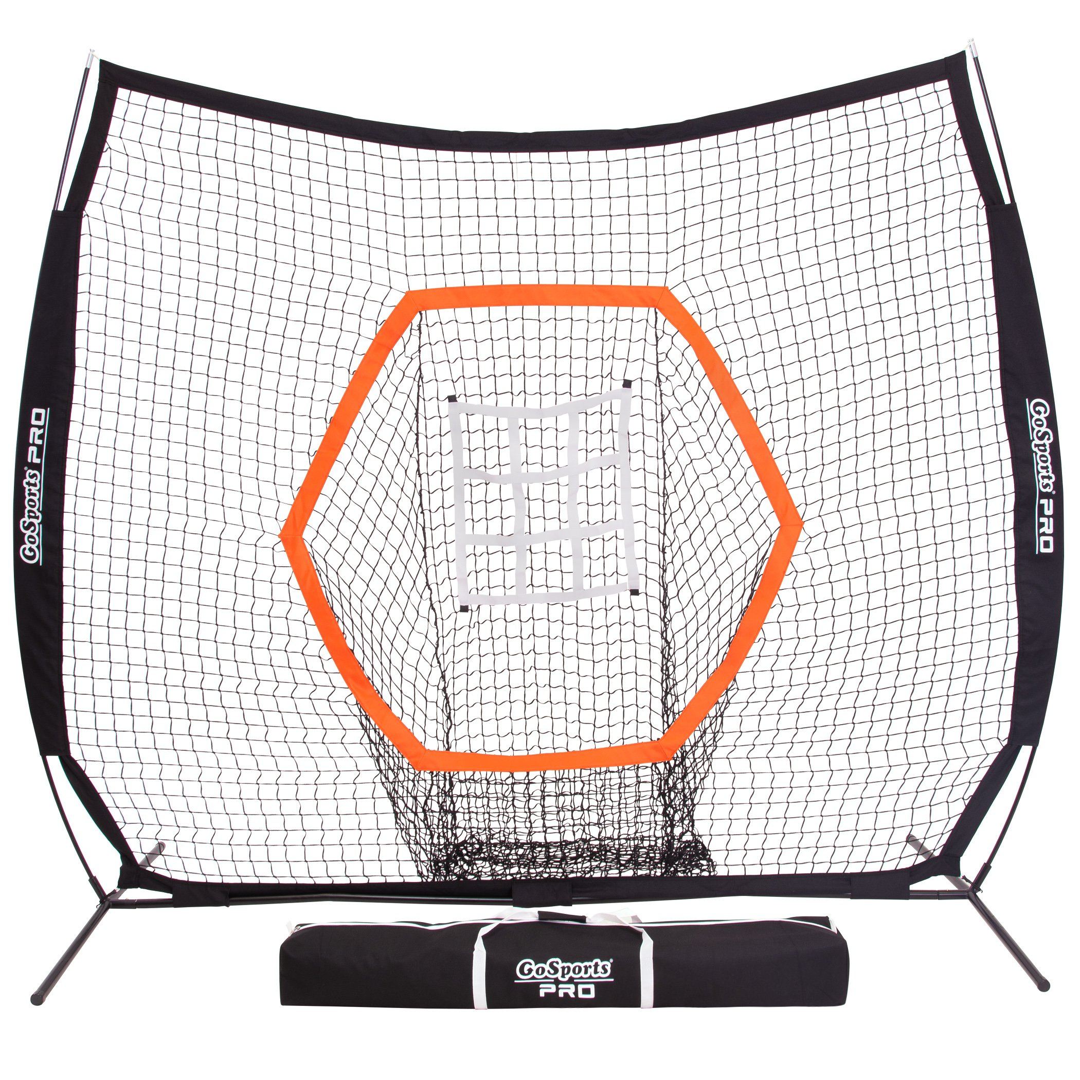 GoSports 7x7 PRO baseball and softball practice net with bow frame and strike zone attachment