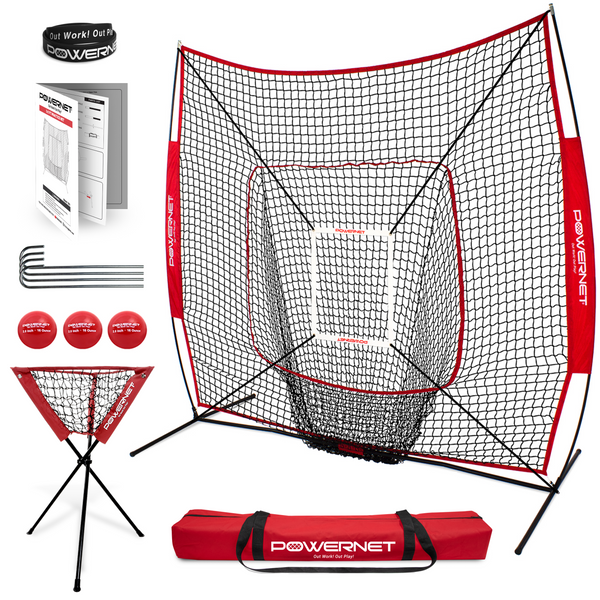 PowerNet DLX 7x7 baseball practice net bundle with strike zone target and weighted training ball