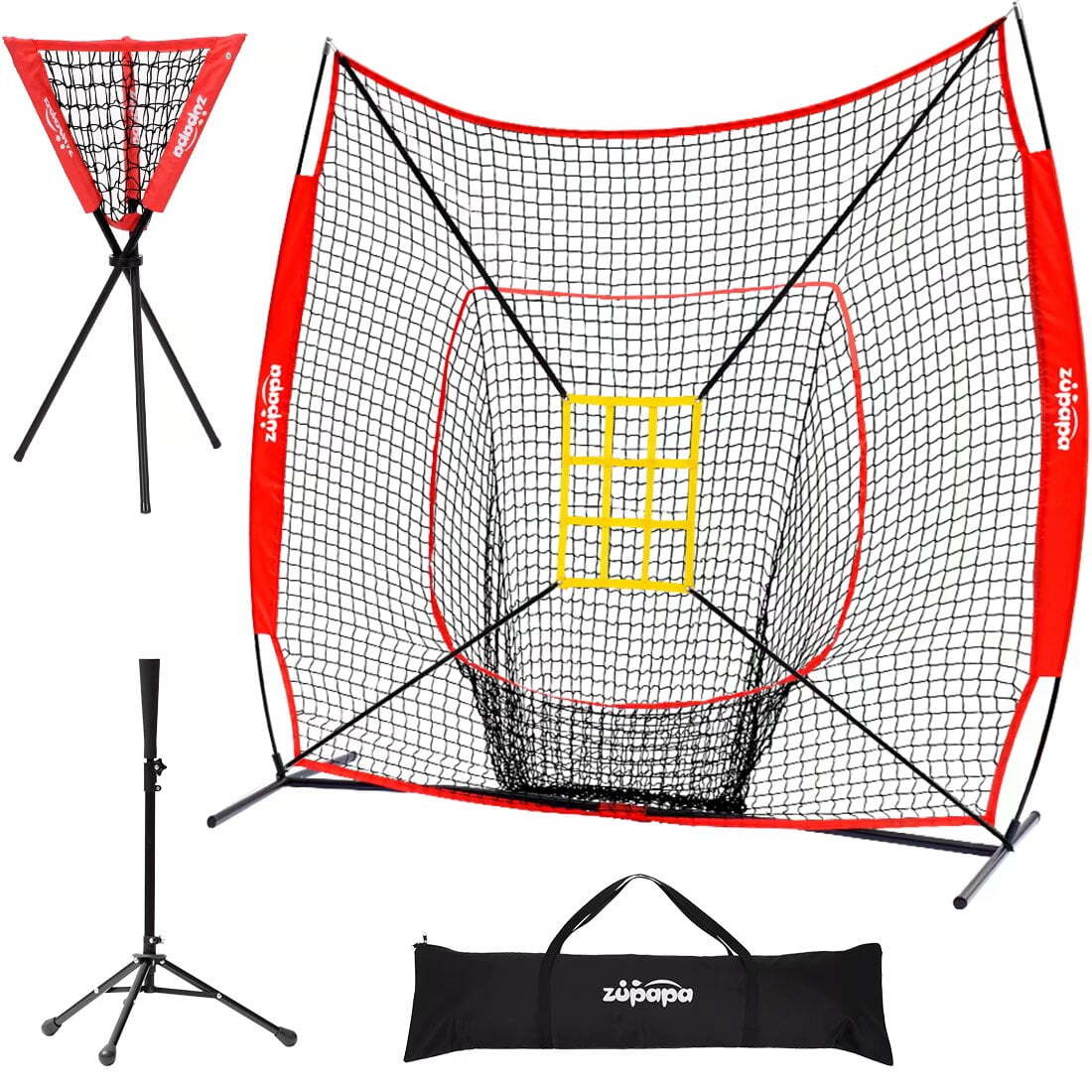 Zupapa 7x7 baseball and softball practice net set with tee, ball caddy, and strike zone target