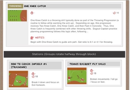 Dugout Captain practice plan software showing pre-built baseball drills and station rotations