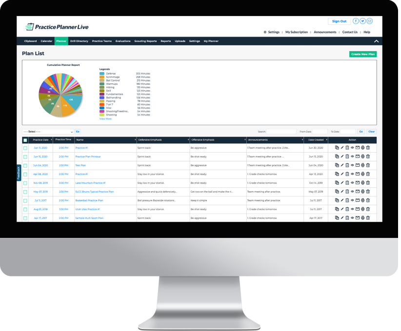 PracticePlannerLive practice planning software interface for baseball and softball coaches