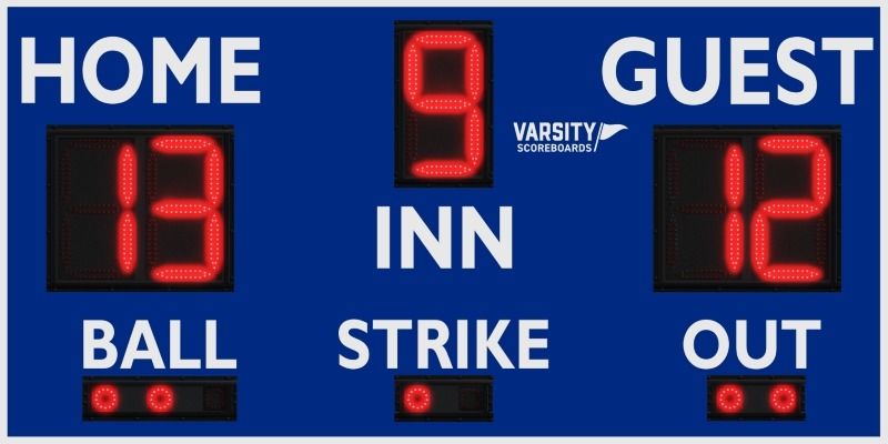 Varsity Scoreboards Model 3314 LED baseball scoreboard for youth and high school fields showing inning-by-inning scoring display