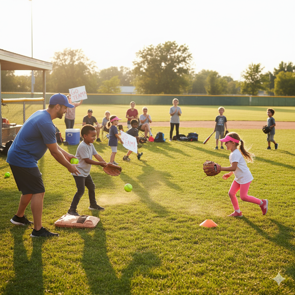 Youth baseball players working on throwing mechanics during practice