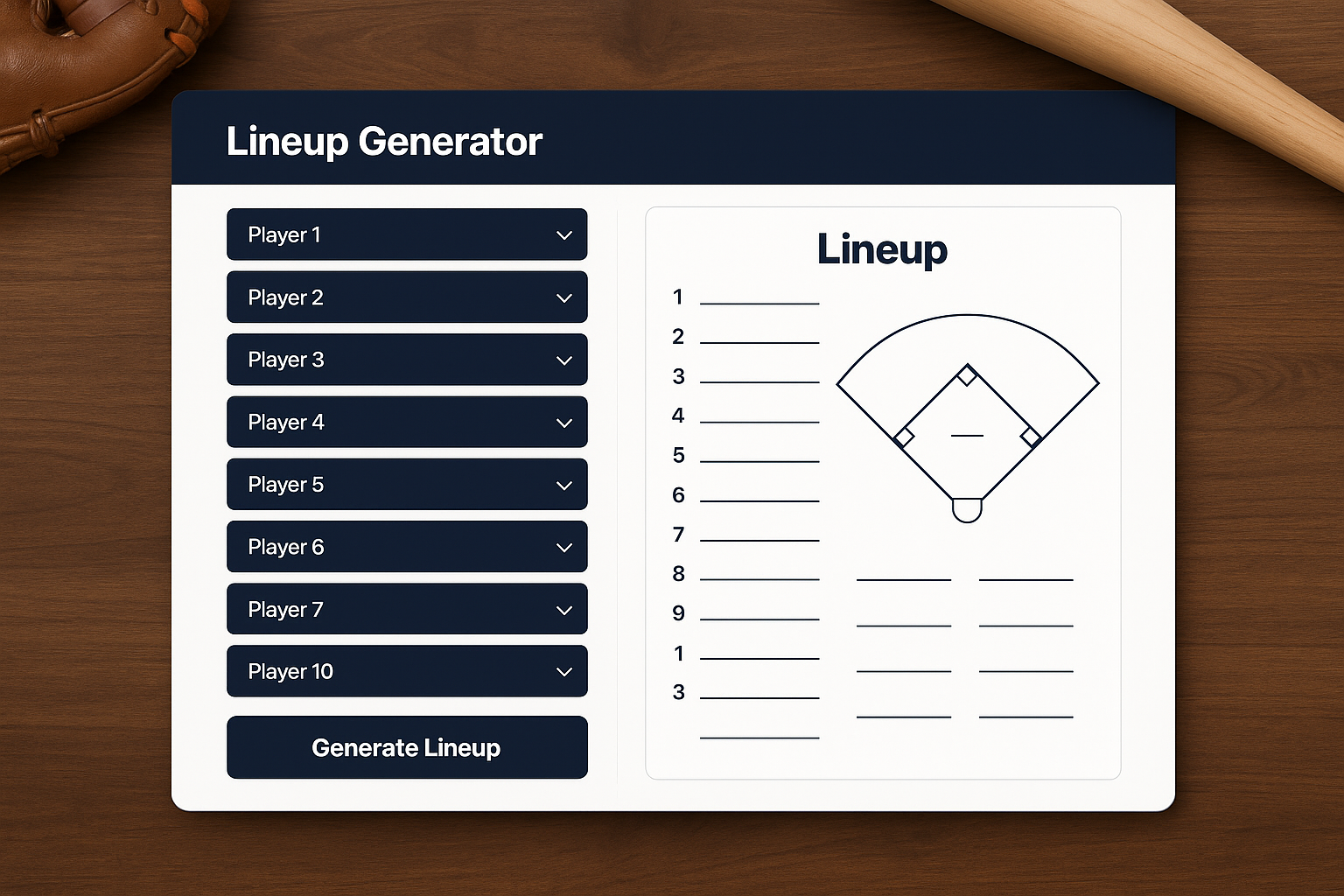 Baseball field lineup for offense and defense